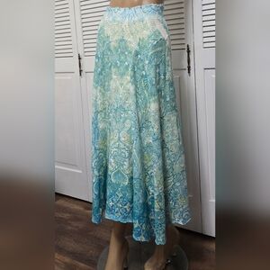 1059 Reba Crinkle Loose Knit Lined Blue Green Paisley Midi Boho PullOn Skirt Sm